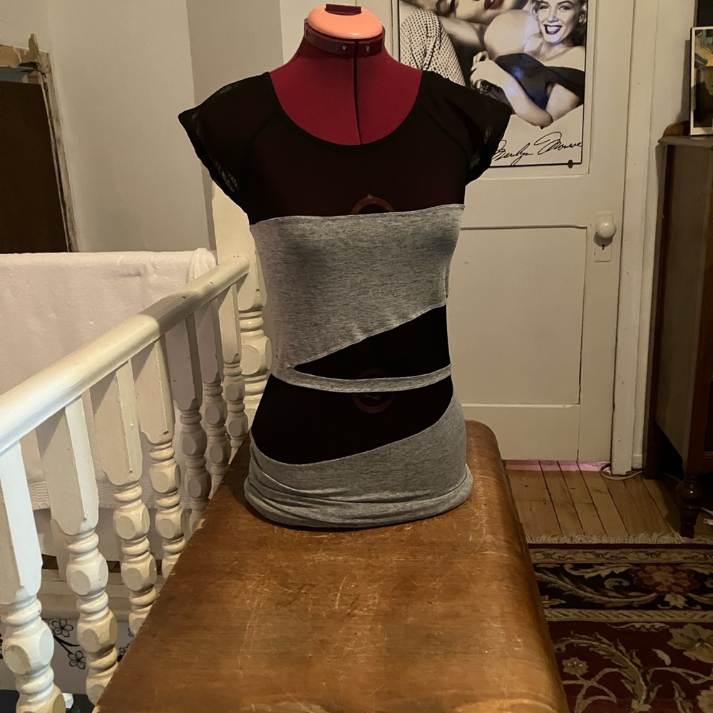 2/35$ ✨ bebe Bodycon Dress – Size Small – Black Mesh & Heather Gray